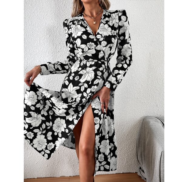 

Allover Floral Print Puff Sleeve Knot Side Wrap Dress, Black and white