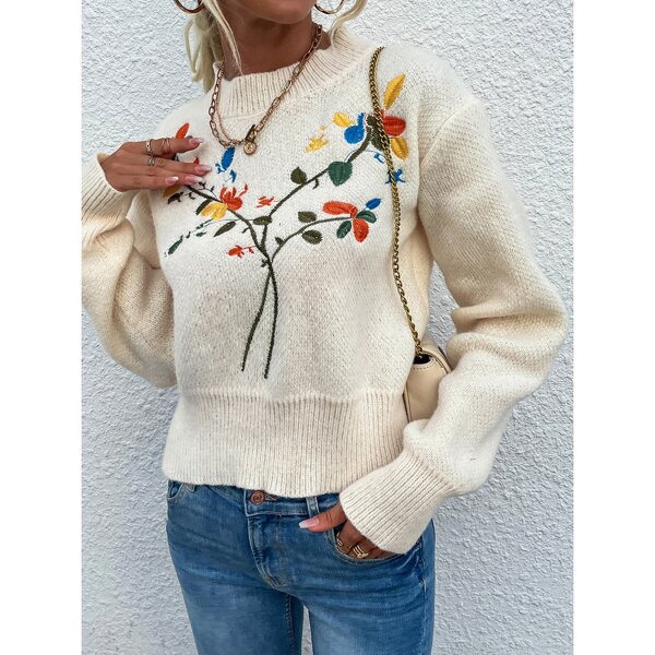 

Floral Embroidered Drop Shoulder Sweater, Beige