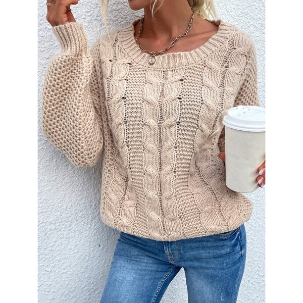 

Solid Cable Knit Drop Shoulder Sweater, Apricot