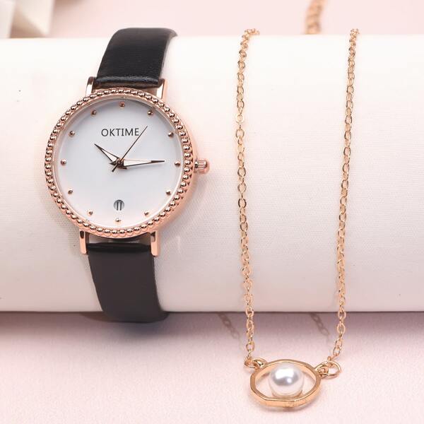 

1pc Round Pointer Date Quartz Watch & 1pc Necklace