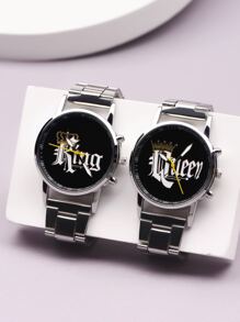 2pcs Couple Letter Graphic Dial Quartz Watch - Silver - View 1