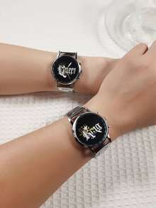 2pcs Couple Letter Graphic Dial Quartz Watch - Silver - View 2