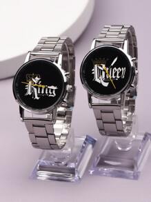 2pcs Couple Letter Graphic Dial Quartz Watch - Silver - View 3