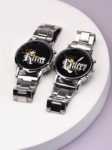 2pcs Couple Letter Graphic Dial Quartz Watch - Silver - View 4