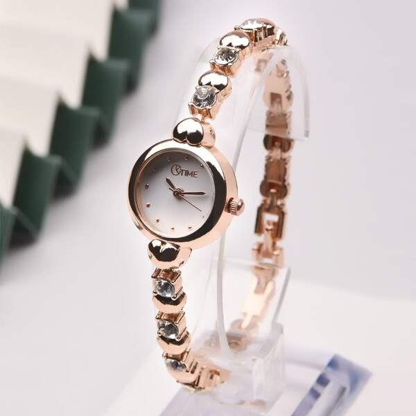 

Rhinestone Decor Round Pointer Quartz Watch