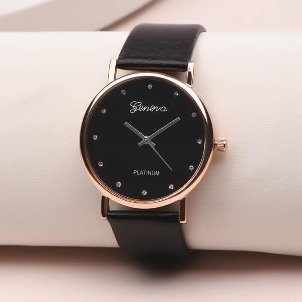 

Rhinestone Decor Round Pointer Quartz Watch