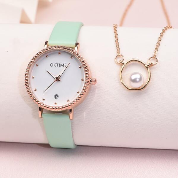 

1pc Round Pointer Date Quartz Watch & 1pc Necklace