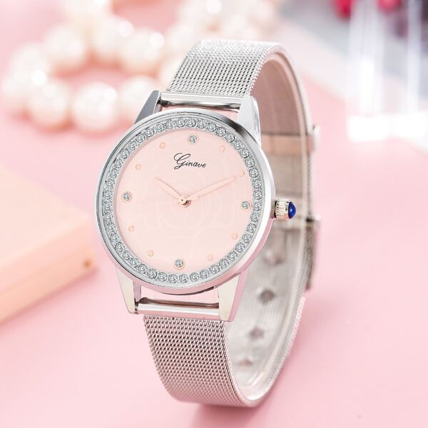 

Rhinestone Decor Round Pointer Quartz Watch