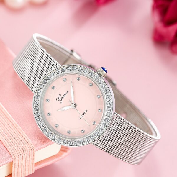 

Rhinestone Decor Round Pointer Quartz Watch