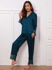 Côtesoire 蕾丝拼接翻领缎面睡衣套装，秋冬舒适优雅细节 - 藍色 - 查看 3