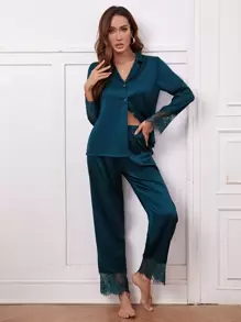 Côtesoire 蕾丝拼接翻领缎面睡衣套装，秋冬舒适优雅细节 - 藍色 - 查看 5