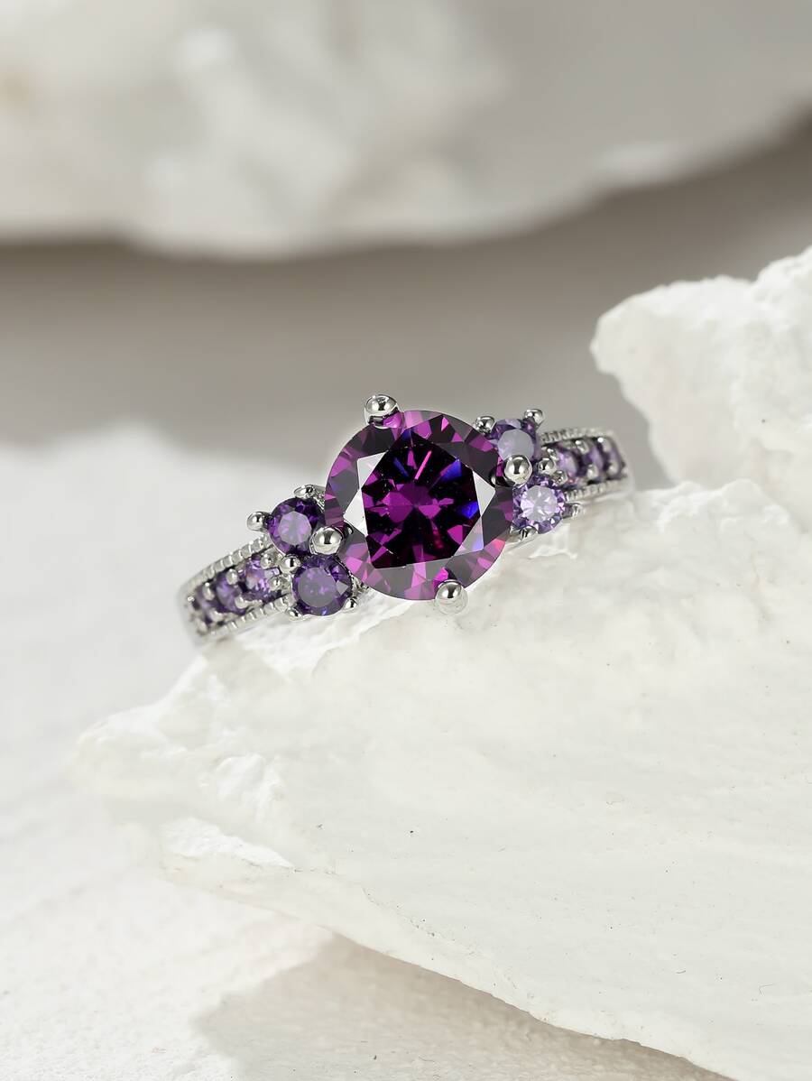 Vanel 1 件时尚简约圆形紫色和二月诞生石套装戒指，非常适合作为情侣礼物 - 紫色 - 查看 1