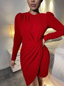 SHEIN Privé 不對稱下擺金屬亮絲羊腿袖洋裝