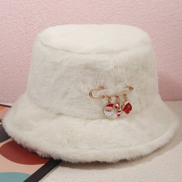 

Christmas Brooch Decor Plush Bucket Hat, White