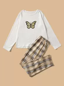 Girls Butterfly Print Tee & Plaid Print Trousers PJ Set - Multicolor - View 1