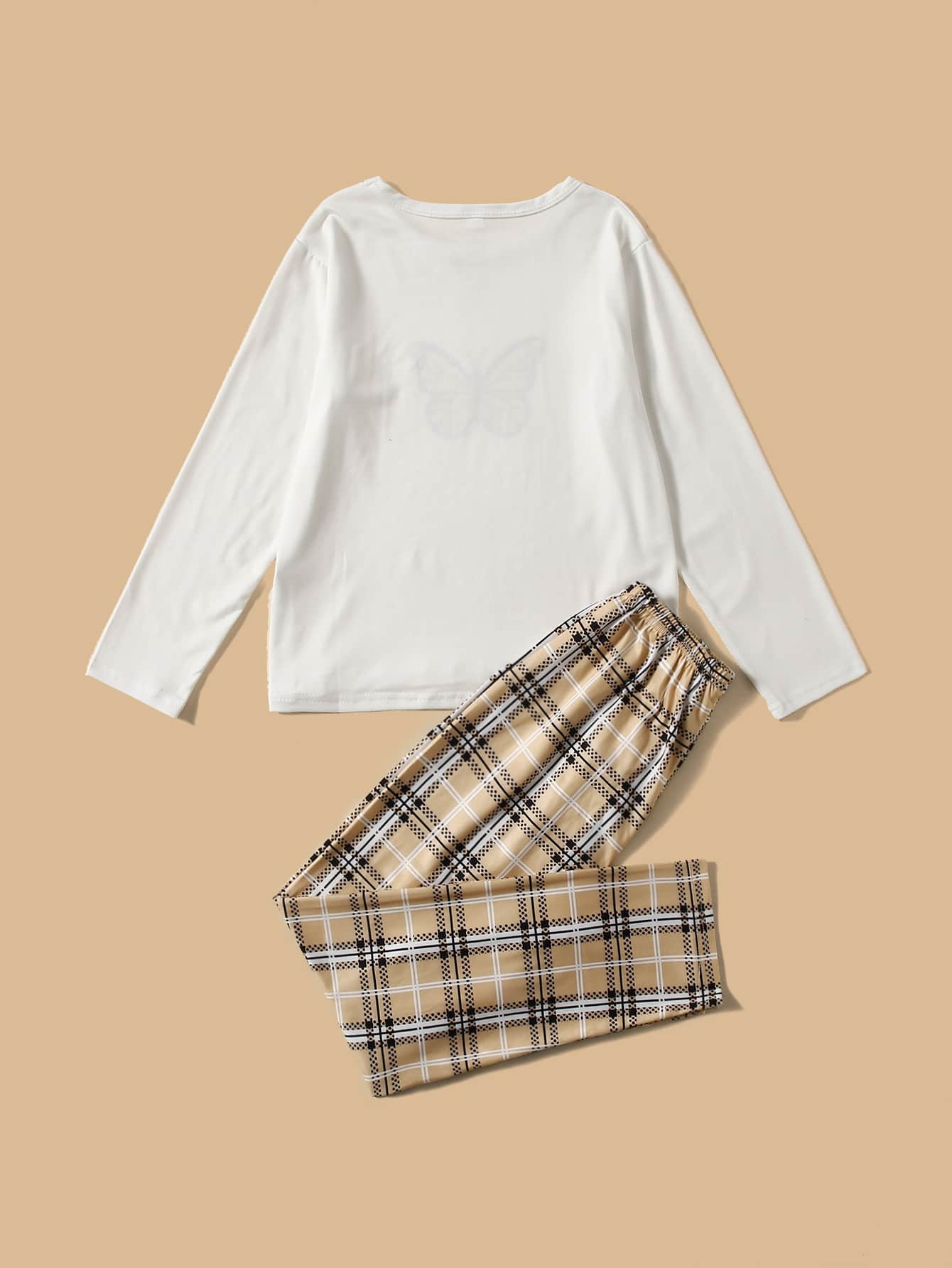 Girls Butterfly Print Tee & Plaid Print Trousers PJ Set - Multicolor - View 2