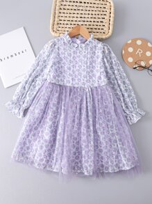 Đầm Gái Tương phản Mesh Xù Họa tiết hoa Dễ thương - Màu tím - Xem 1