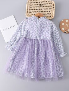 Đầm Gái Tương phản Mesh Xù Họa tiết hoa Dễ thương - Màu tím - Xem 2