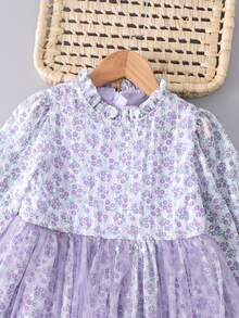 Đầm Gái Tương phản Mesh Xù Họa tiết hoa Dễ thương - Màu tím - Xem 3