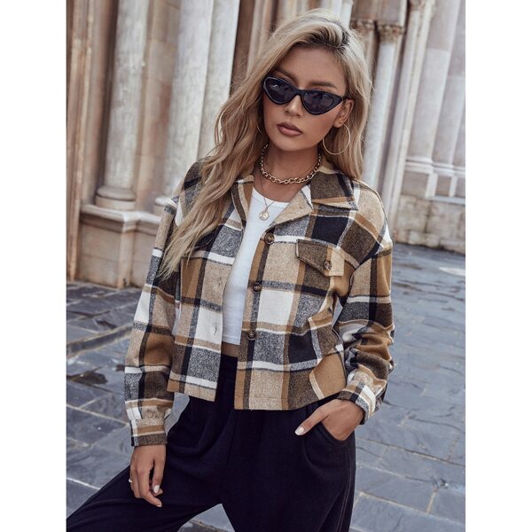 

Plaid Fake Pocket Drop Shoulder Overcoat, Multicolor