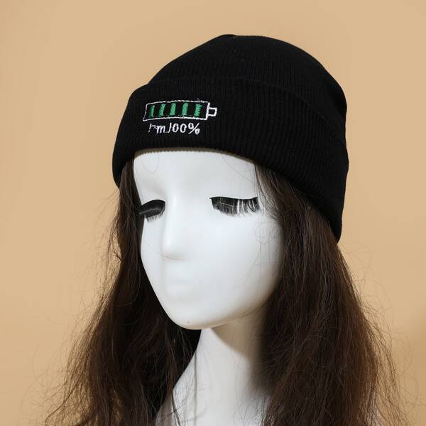

Embroidery Detail Beanie, Black and white