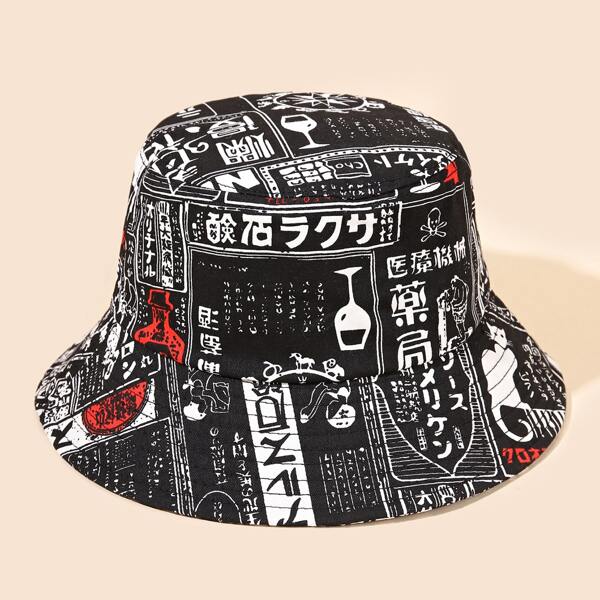 

Allover Graphic Bucket Hat, Black and white