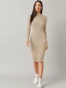 SHEIN BASICS Stand Collar Bodycon Dress - Apricot - View 1