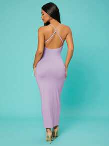 SHEIN SXY Solid Criss-cross Backless Bodycon Dress - Lilac Purple - View 2