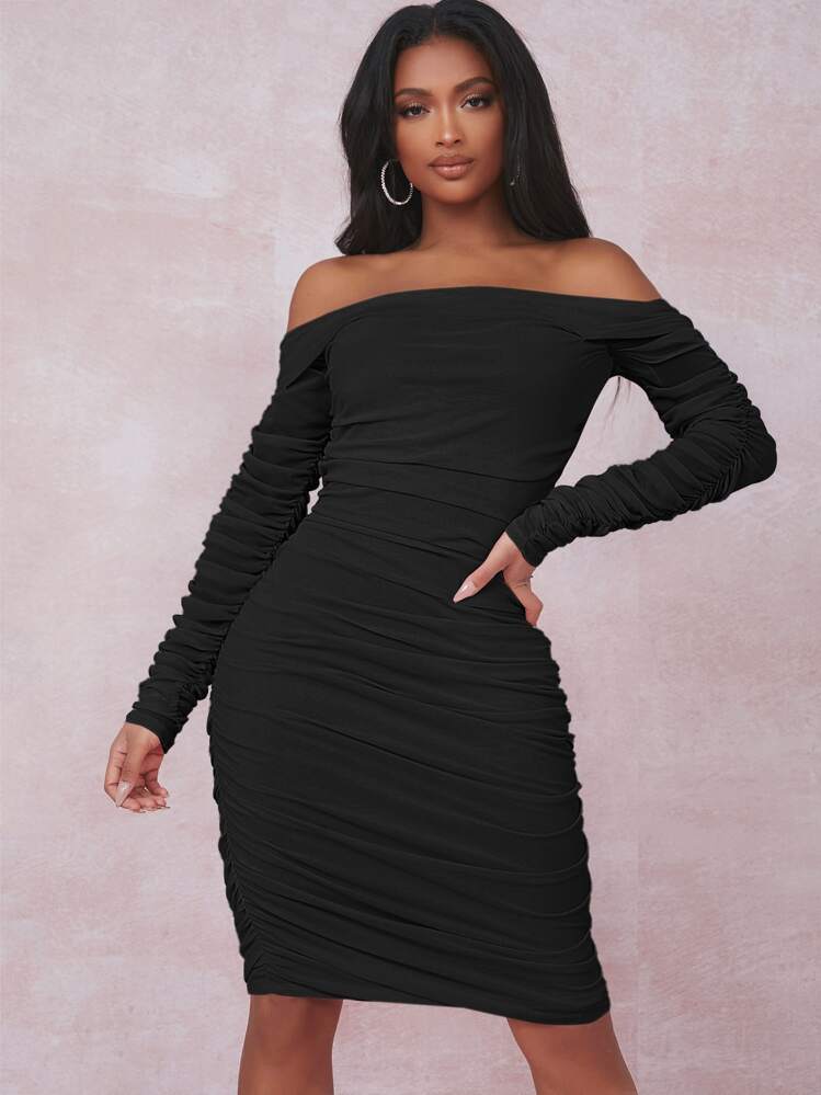 SHEIN Off Shoulder Ruched Mesh Bodycon Dress - Black - View 1
