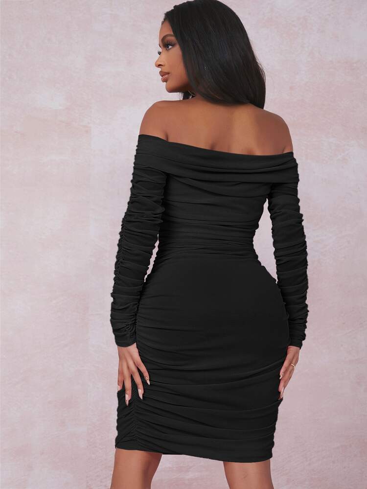 SHEIN Off Shoulder Ruched Mesh Bodycon Dress - Black - View 2