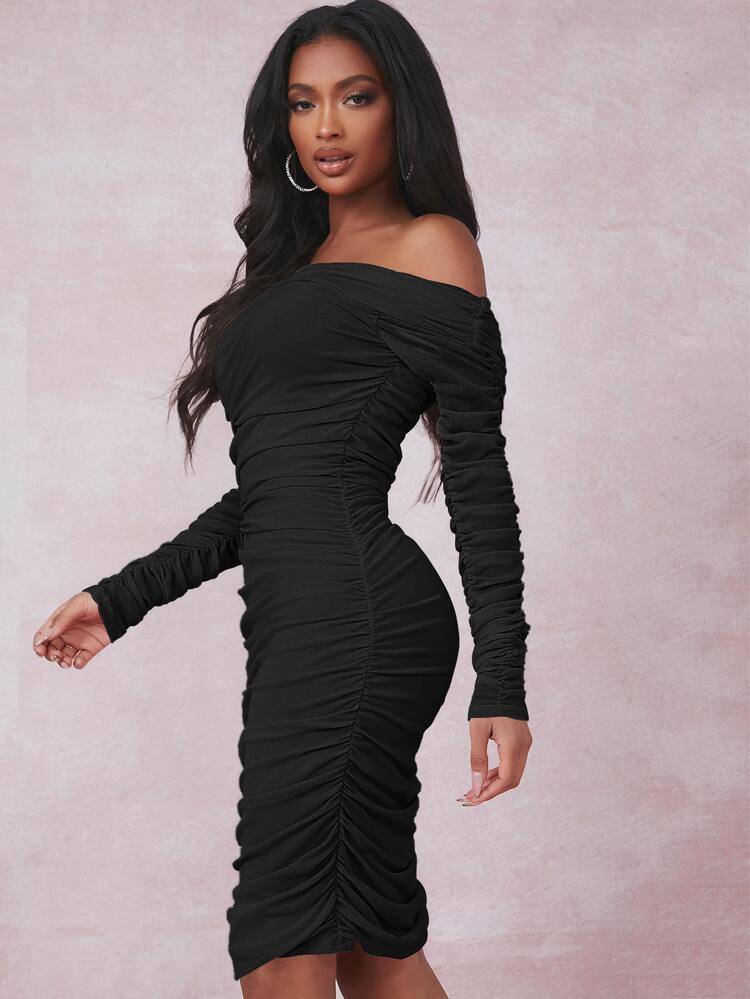 SHEIN Off Shoulder Ruched Mesh Bodycon Dress - Black - View 3