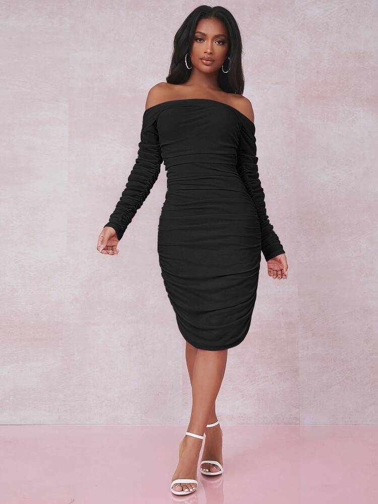 SHEIN Off Shoulder Ruched Mesh Bodycon Dress - Black - View 4