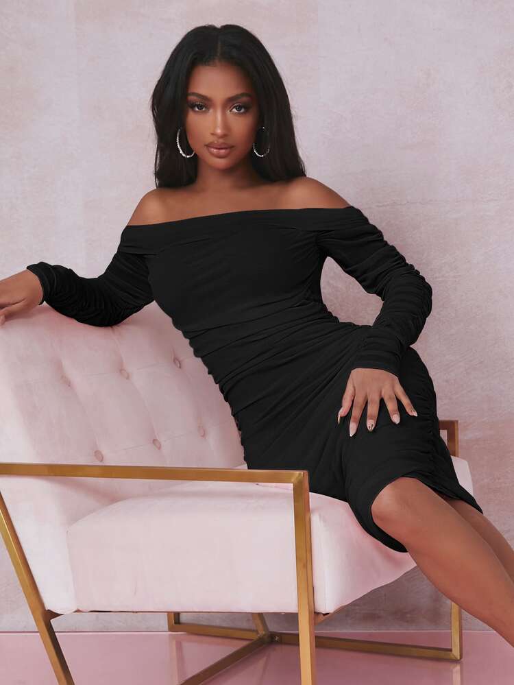 SHEIN Off Shoulder Ruched Mesh Bodycon Dress - Black - View 5