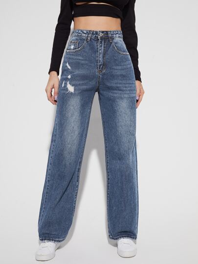 Jeans mit hoher Taille, Riss und geradem Beinschnitt