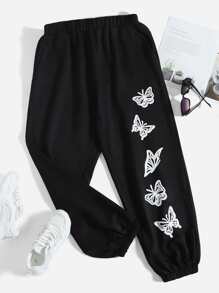 Mulvari 大碼蝴蝶圖案彈性腰帶衛褲 - 黑色 - 查看 1