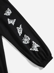 Mulvari 大碼蝴蝶圖案彈性腰帶衛褲 - 黑色 - 查看 3