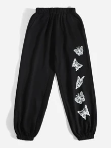 Mulvari 大碼蝴蝶圖案彈性腰帶衛褲 - 黑色 - 查看 4