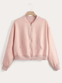 áo khoác kích thước lớn Ren lên Buộc lại Dây kéo Thùa khuyết màu trơn Giải trí - Màu Hồng baby - Xem 1