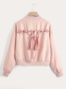 áo khoác kích thước lớn Ren lên Buộc lại Dây kéo Thùa khuyết màu trơn Giải trí - Màu Hồng baby - Xem 2