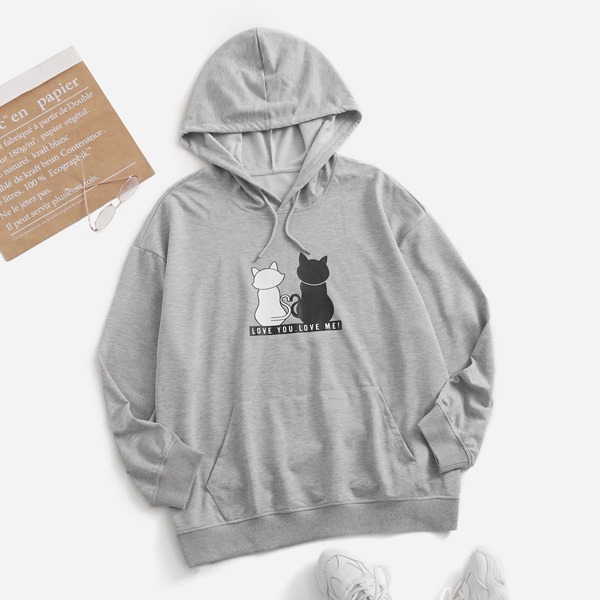 

Plus Slogan & Cat Print Kangaroo Pocket Drawstring Hoodie, Light grey