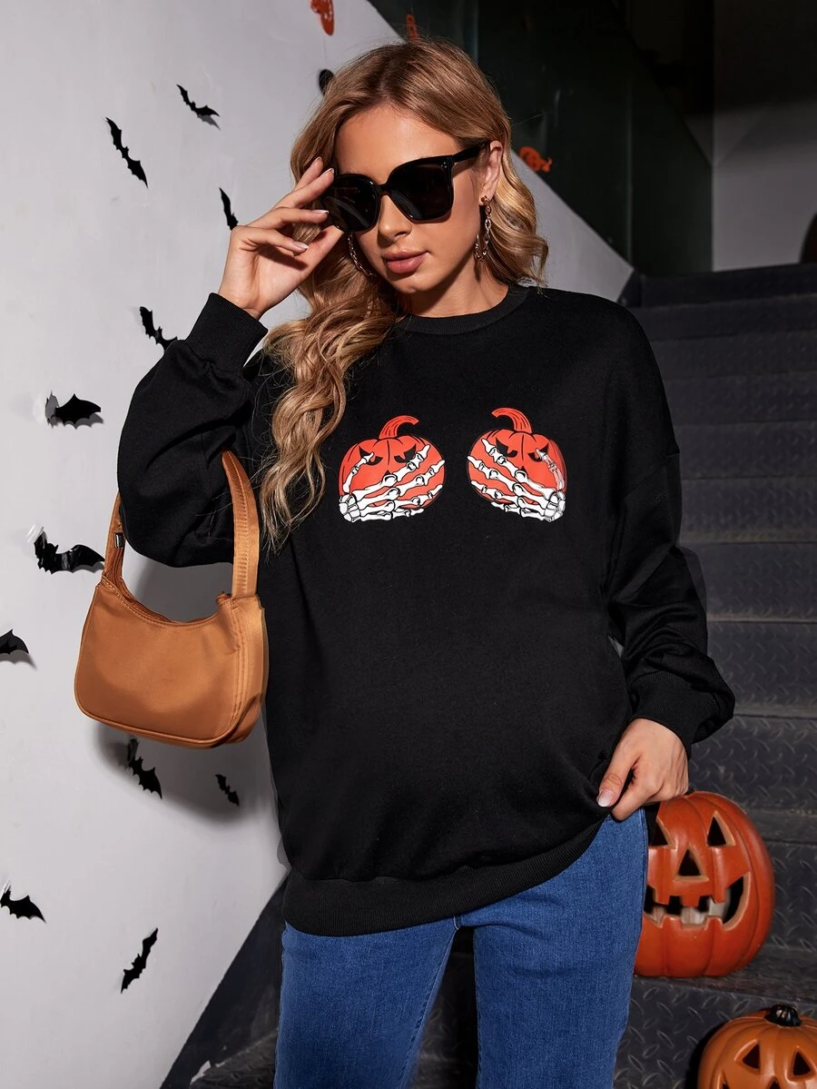 SHEIN Maternity Halloween Finger Skeleton & Pumpkin Print Drop Shoulder Pullover - Black - View 1