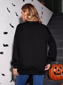 SHEIN Maternity Halloween Finger Skeleton & Pumpkin Print Drop Shoulder Pullover - Black - View 2