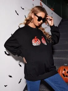 SHEIN Maternity Halloween Finger Skeleton & Pumpkin Print Drop Shoulder Pullover - Black - View 3