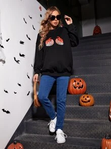 SHEIN Maternity Halloween Finger Skeleton & Pumpkin Print Drop Shoulder Pullover - Black - View 4
