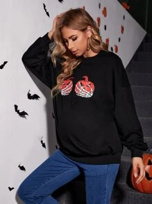 SHEIN Maternity Halloween Finger Skeleton & Pumpkin Print Drop Shoulder Pullover - Black - View 5