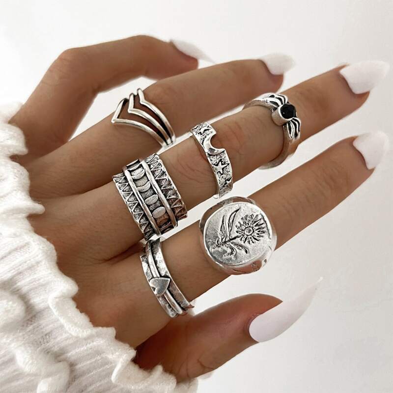 

6pcs Floral Decor Ring, Antique silver