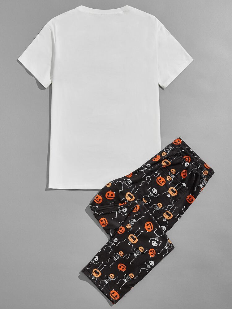 Manfinity Hombres con estampado de halloween Camiseta & con bolsillo oblicuo Pantalones - Multicolor - Añade 2