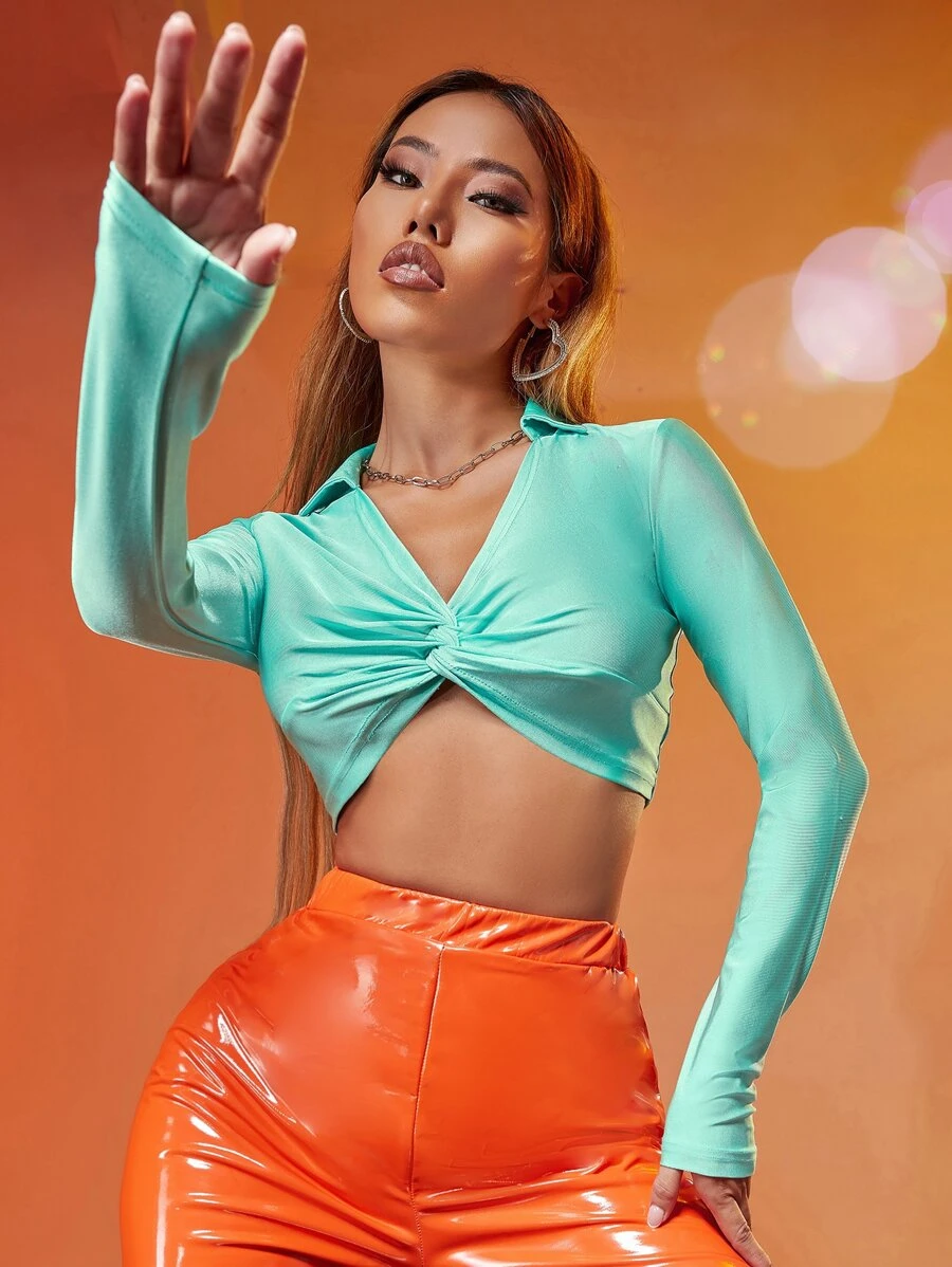 SHEIN ICON Áo thun nữ xoắn lại màu trơn Gợi cảm - Màu xanh bạc hà - Xem 1