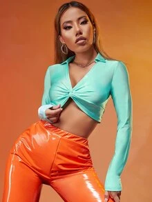 SHEIN ICON Áo thun nữ xoắn lại màu trơn Gợi cảm - Màu xanh bạc hà - Xem 3