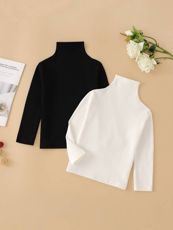 SHEIN Genkimix Kids 2 Stücke Solide Hochhals T-shirts Für Kleine Mädchen